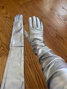 Long Metallic Silver Opera Gloves faux leather
